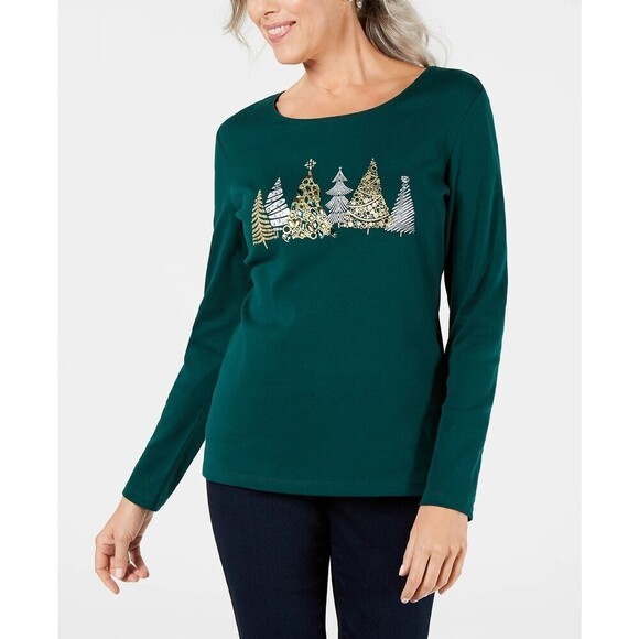 Karen Scott Cotton Graphic Top Spruce Night S - Picture 1 of 2